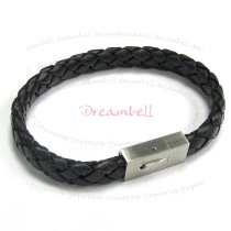 Stainless Steel Black Flat Bolo Braided Leather Cord 9.5mm Magnetic Wristband Bracelets 8″