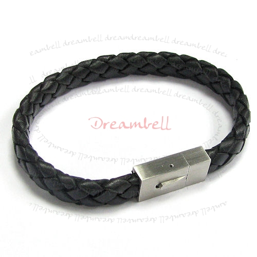 Stainless Steel Black Flat Bolo Braided Leather Cord 9.5mm Magnetic Wristband Bracelets 8"