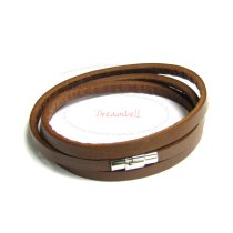 Stainless Steel 3 Rounds Brown Flat Leather Cord 5mm Magnetic Wristband Bracelets 8″