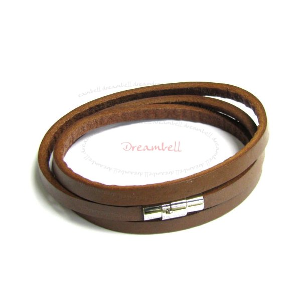 Stainless Steel 3 Rounds Brown Flat Leather Cord 5mm Magnetic Wristband Bracelets 8"