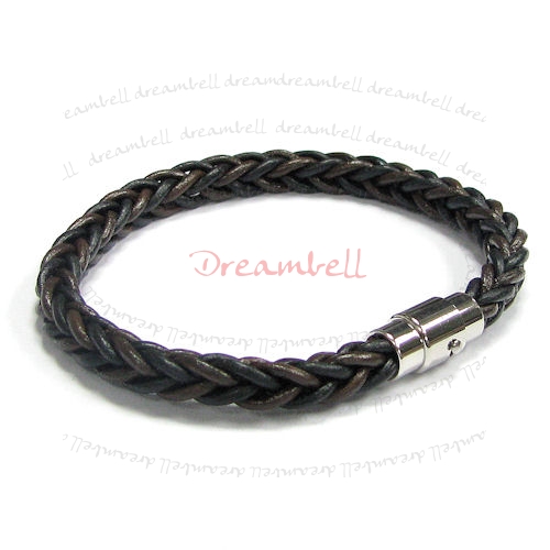 Stainless Steel Black and DarkBrown Plait Braided Leather Cord 6mm Magnetic Wristband Bracelets 8.5"