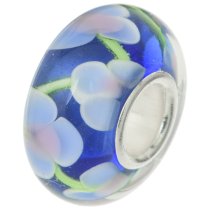 Sterling Silver ROUND Flower Blue Murano Glass Bead for European Charm Bracelets