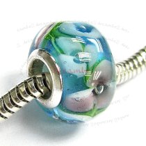 Sterling Silver ROUND Murano Flower Light Blue Glass Bead for European Charm Bracelets