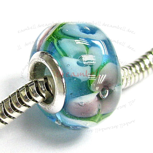 Sterling Silver ROUND Murano Flower Light Blue Glass Bead for European Charm Bracelets