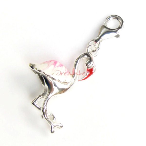 STERLING SILVER Crane Bird Enamel Dangle CHARM Pendant for European Lobster Clip on Charm