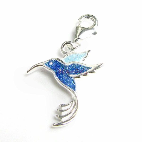 STERLING SILVER Hummingbird Bird Enamel Dangle CHARM Pendant for European Lobster Clip on Charm