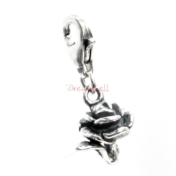 STERLING SILVER Rose Dangle CHARM Pendant for European Lobster Clip on Charm