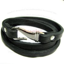 Stainless Steel 3 Rounds Black Flat Leather Cord 7mm Bracelet 7.5″ with Hook Clasp