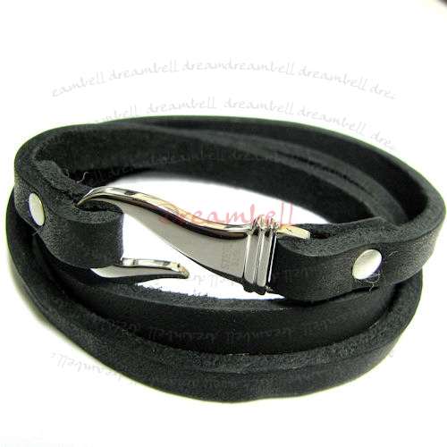 Stainless Steel 3 Rounds Black Flat Leather Cord 7mm Bracelet 7.5" with Hook Clasp