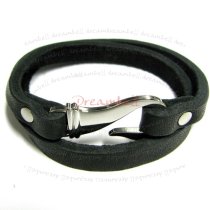 Stainless Steel 2 Rounds Black Flat Leather Cord 7.5mm Bracelet 7.5″ with Hook Clasp