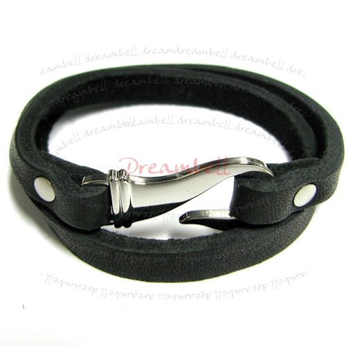 Stainless Steel 2 Rounds Black Flat Leather Cord 7.5mm Bracelet 7.5" with Hook Clasp