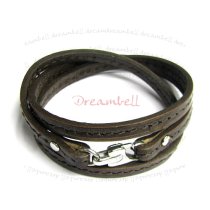Stainless Steel 3 Rounds Dark Brown Flat Leather Cord 6mm Bracelet 7.5″ with Lobster Clasp