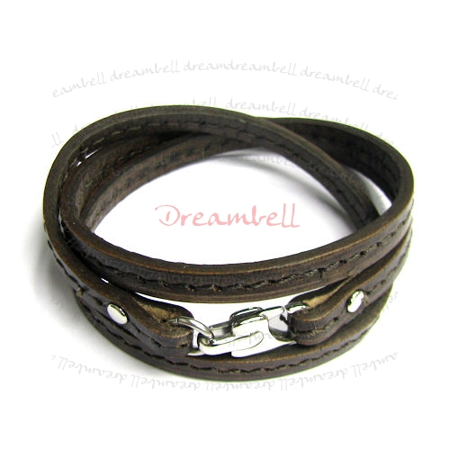 Stainless Steel 3 Rounds Dark Brown Flat Leather Cord 6mm Bracelet 7.5" with Lobster Clasp