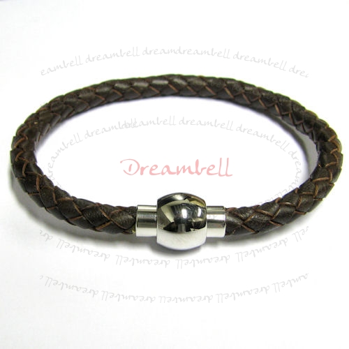 Stainless Steel Brown Braided Bolo Leather Cord 5mm Magnetic Wrist Round BRACELET 7.5"