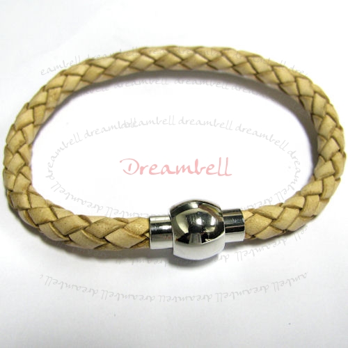 Stainless Steel Natural Braided Bolo Leather Cord 5mm Magnetic Wrist Round BRACELET 7.5"