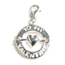 STERLING SILVER To My Valentine With Heart Dangle CHARM Pendant for European Lobster Clip on Charm