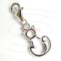 STERLING SILVER Lovely Cat Dangle CHARM Pendant for European Lobster Clip on Charm