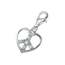 1x Bright Sterling silver FILGREE HEART PEACE RECTANGULAR clear CZ Dangle Pendant for European Lobster Clip on Charm