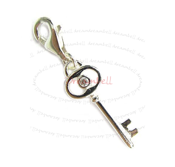 STERLING SILVER clear CZ Key Dangle Pendant for European Lobster Clip on Charm