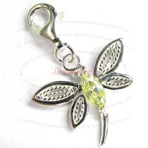 Sterling Silver Green Dragonfly CZ Crystal Dangle Pendant for European Lobster Clip on Charm