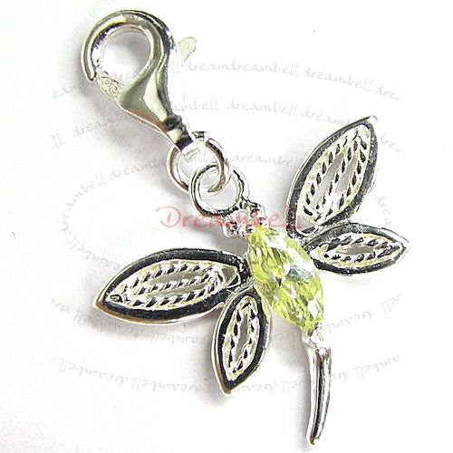 Sterling Silver Green Dragonfly CZ Crystal Dangle Pendant for European Lobster Clip on Charm
