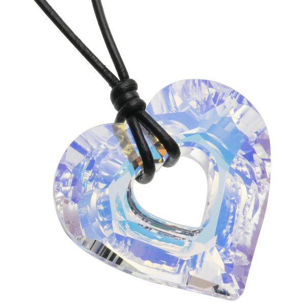 Clear w/ AB Coating Miss U Heart Charm Pendant 26mm Black Leather 1mm Necklace 16" Adjustable Using Swarovski Elements Crystal