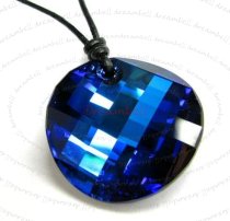 Bermuda Blue Twist Pendant 18mm Black Leather 1mm Necklace 16″ Adjustable Using Swarovski Elements Crystal