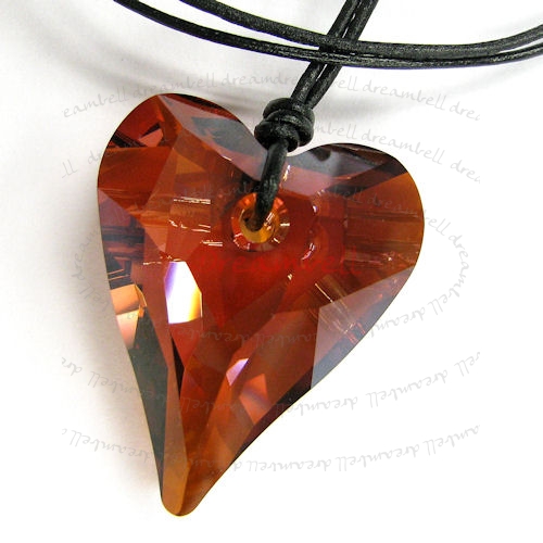 Red Magma Wild Heart Love Pendant 27mm Black Leather 1mm Necklace 16" Adjustable Using Swarovski Elements Crystal