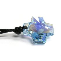 Aquamarine AB Pendant Black Leather 1mm Necklace Adjustable Using Swarovski Elements Crystal