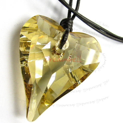 Golden Shadow Wild Heart Love Pendant 27mm Black Leather 1mm Necklace 16" Adjustable Using Swarovski Elements Crystal
