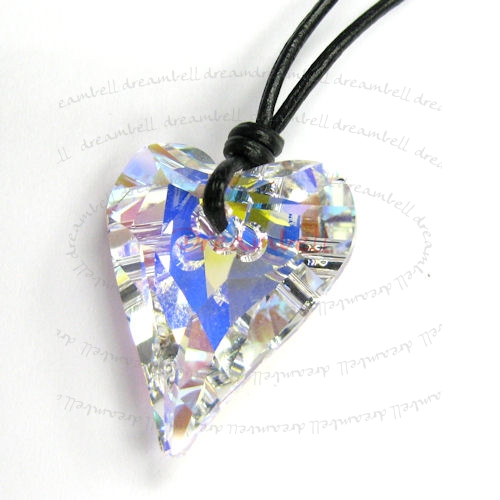 Clear AB Wild Heart Charm Pendant 27mm Black Leather 1mm Necklace 16" Adjustable Using Swarovski Elements Crystal