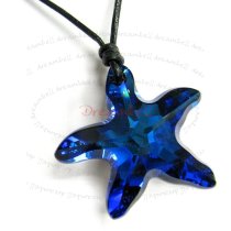 Bermuda Blue Star Fish 28mm Black Leather 1mm Necklace Adjustable Using Swarovski Elements Crystal