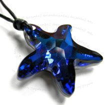 Bermuda Blue Star Fish 28mm Black Leather 1mm Necklace Adjustable Using Swarovski Elements Crystal