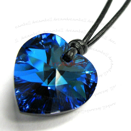 Bermuda Blue Heart Charm Pendant 18mm Black Leather 1mm Necklace Adjustable Using Swarovski Elements Crystal