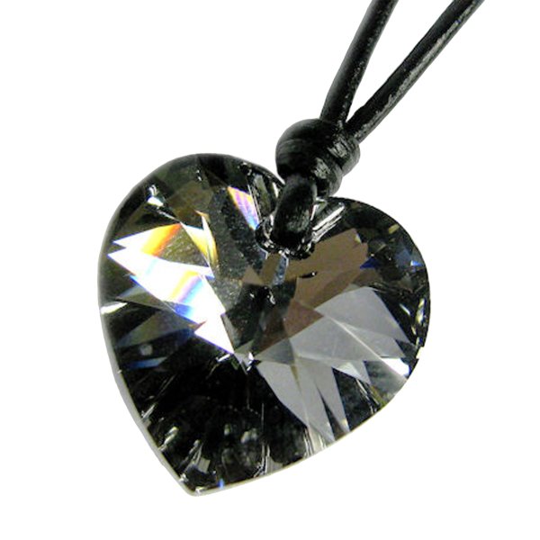 Silver Night Heart Charm Pendant 18mm Black Leather 1mm Necklace Adjustable Using Swarovski Elements Crystal