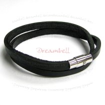 Stainless Steel 2 Rounds Black Flat Leather Cord 5mm Magnetic Wristband Bracelets 8″