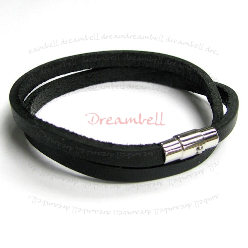 Stainless Steel 2 Rounds Black Flat Leather Cord 5mm Magnetic Wristband Bracelets 8"