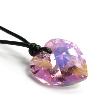 Light Rose AB Heart Charm Pendant 18mm Black Leather 1mm Necklace Adjustable Using Swarovski Elements Crystal