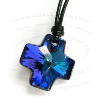 Heliotrope Blue Cross Pendant 20mm Black Leather 1mm Necklace Adjustable Using Swarovski Elements Crystal