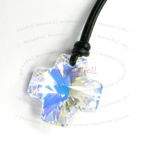 Clear AB Cross Pendant 20mm Black Leather 1mm Necklace 16″ Adjustable Using Swarovski Elements Crystal
