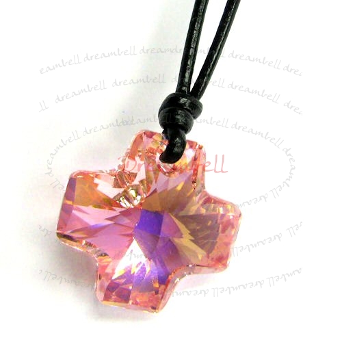 Pink Rose AB Pendant Black Leather 1mm Necklace Adjustable Using Swarovski Elements Crystal