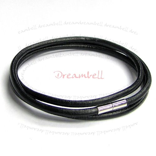 Stainless Steel 3 Rounds Black Leather Cord 3mm Magnetic Wristband Bracelets 7"