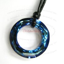 Bermuda Blue Ring Pendant 20mm Black Leather 1mm Necklace 16″ Adjustable Using Swarovski Elements Crystal