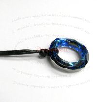 Bermuda Blue Ring Pendant 20mm Black Leather 1mm Necklace 16" Adjustable Using Swarovski Elements Crystal
