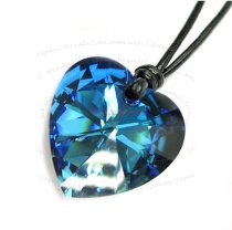 Bermuda Blue Heart Charm Pendant 28mm Black Leather 1mm Necklace Adjustable Using Swarovski Elements Crystal