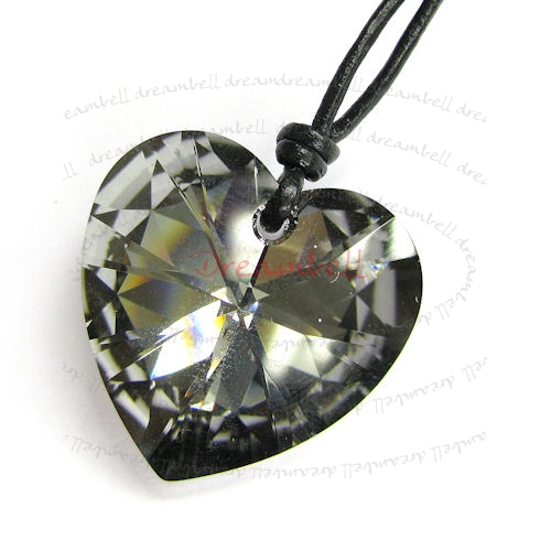 Silver Night Heart Charm Pendant 28mm Sterling Silver Black Leather 1mm Necklace Adjustable Using Swarovski Elements Crystal
