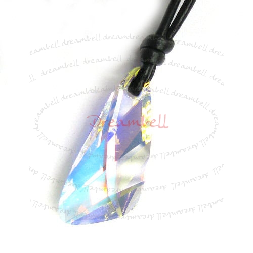 Clear AB Wing Pendant 27mm Black Leather 1mm Necklace Adjustable Using Swarovski Elements Crystal