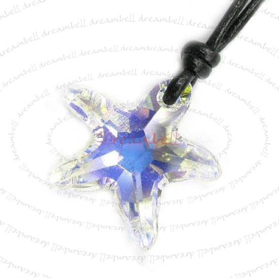 Clear AB Star Fish Pendant 20mm Black Leather 1mm Necklace Adjustable Using Swarovski Elements Crystal