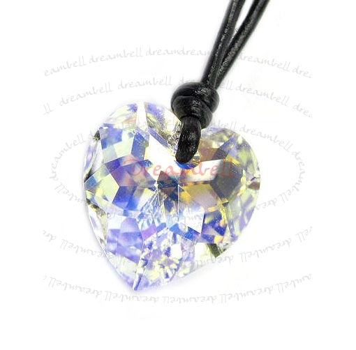 Clear AB Heart Pendant 18mm Black Leather 1mm Necklace Adjustable Using Swarovski Elements Crystal