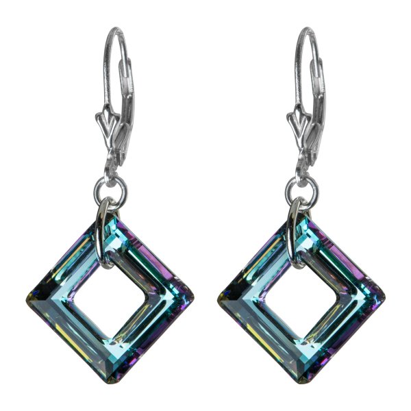 2x Sterling Silver Square Vitrial Light Crystals Leverback 1.5" Dangle Earrings Using Swarovski Elements Crystal